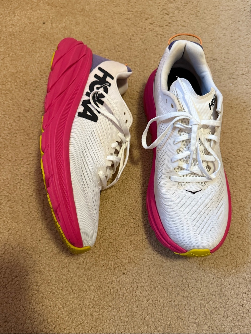 Hoka Women's White Pink Yellow Running Sneakers
